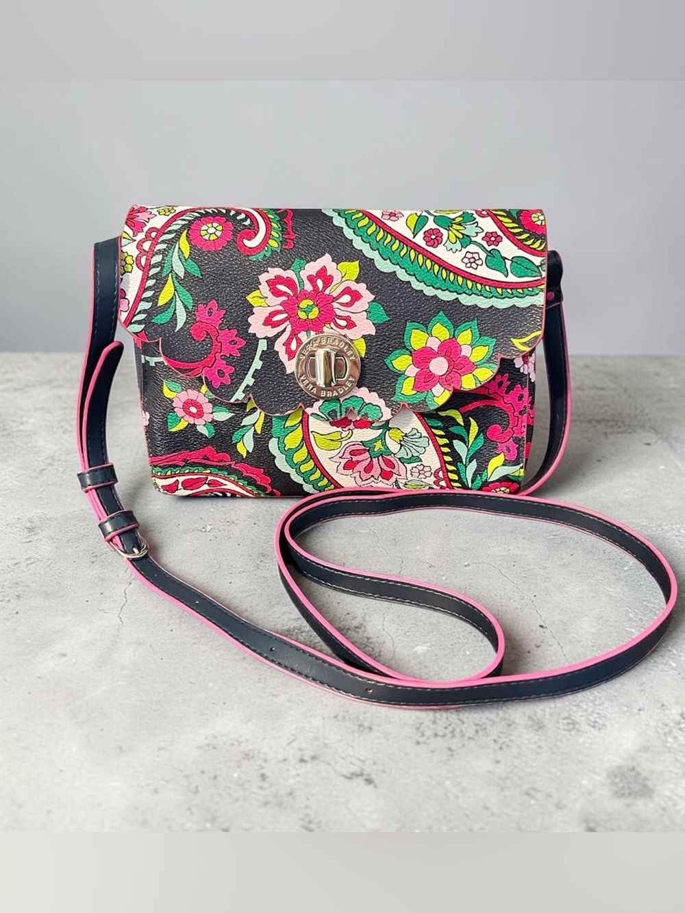 Vera Bradley Scalloped HipsterCrossbody with Pink & Green Floral Paisley Accents